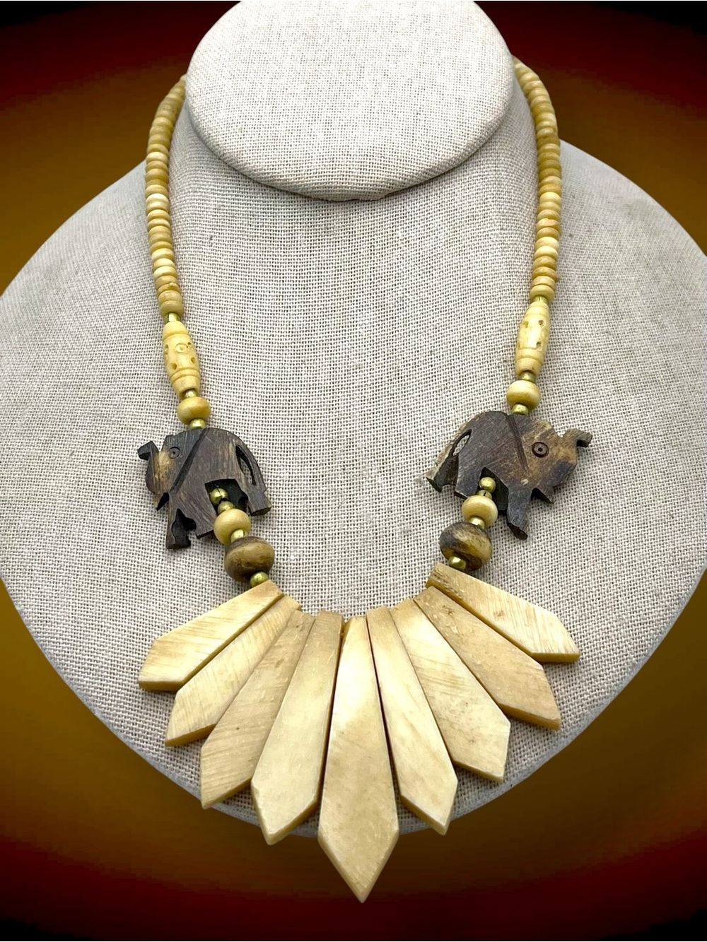 Vintage Tribal Bone Bib Fan Statement Necklace with Carved Elephants Estate
